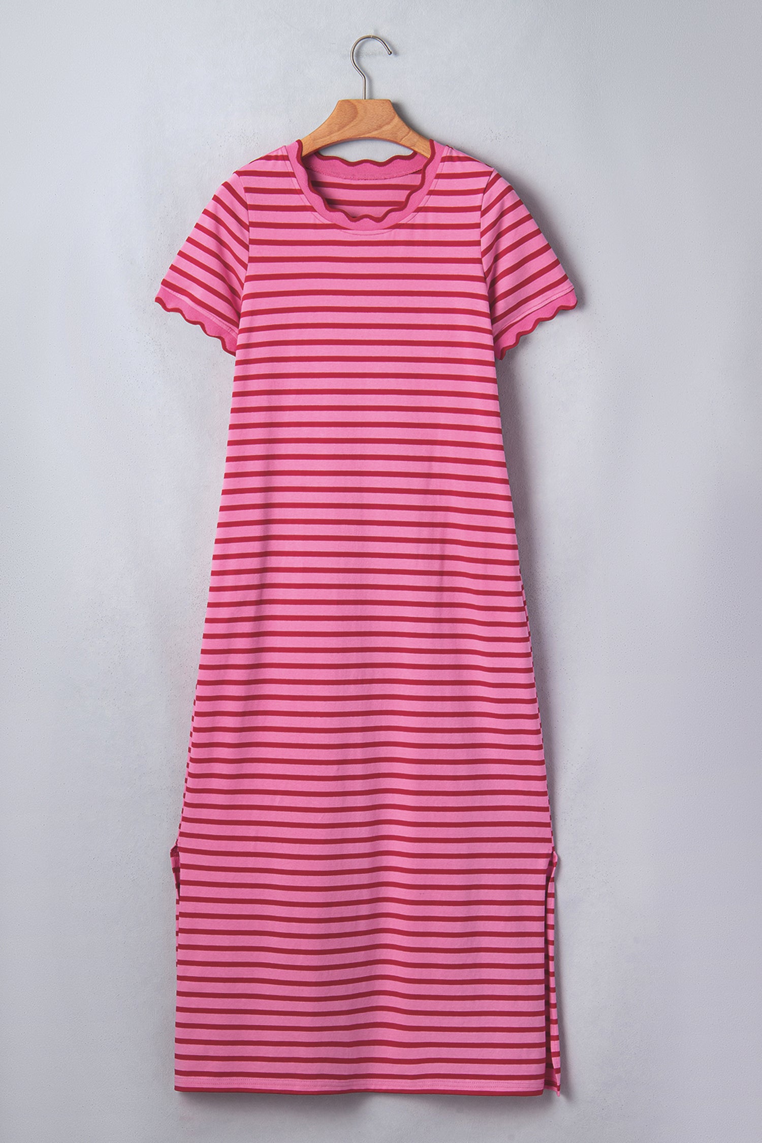 Striped Short Sleeve Scalloped Trim Side Slit T-Shirt Dress – Rose Stripe