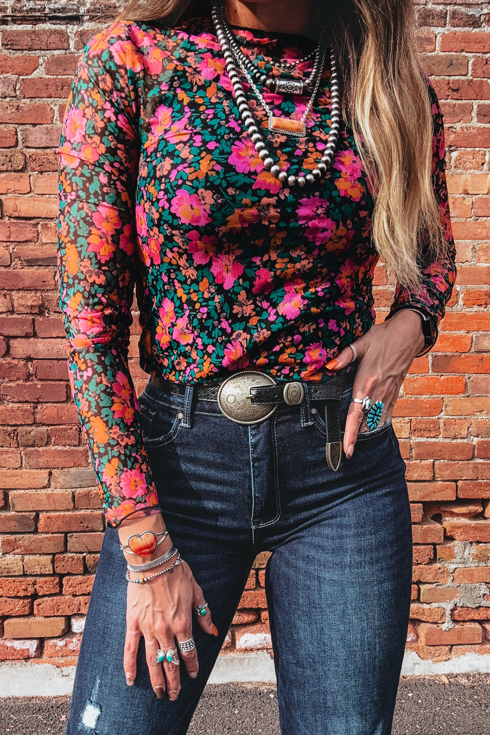 Slim Fit Floral Mesh Long Sleeve Mock Neck Top - eAura