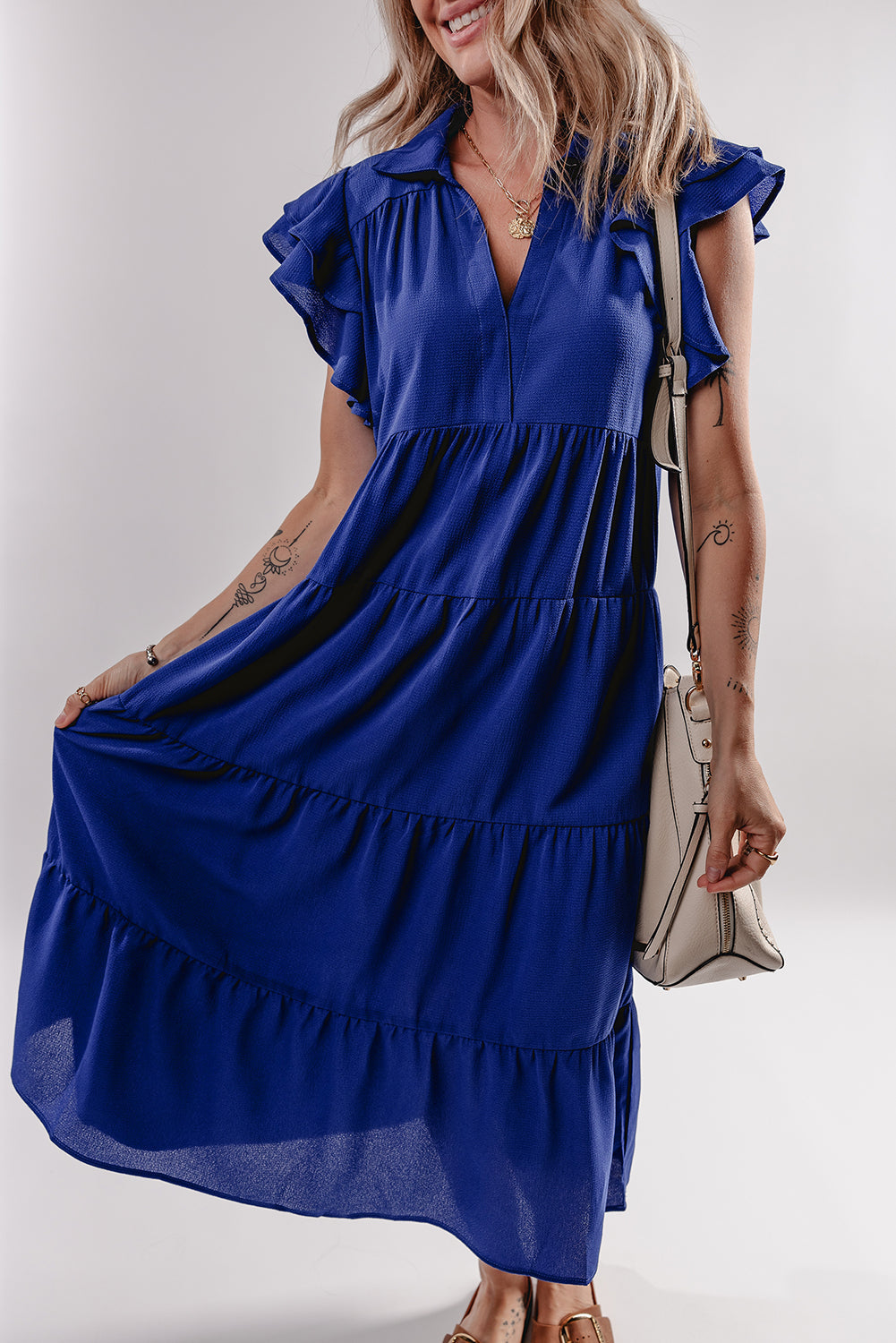 Bluing Ruffled Short Sleeve Collared V Neck Tiered Midi Dress eAura