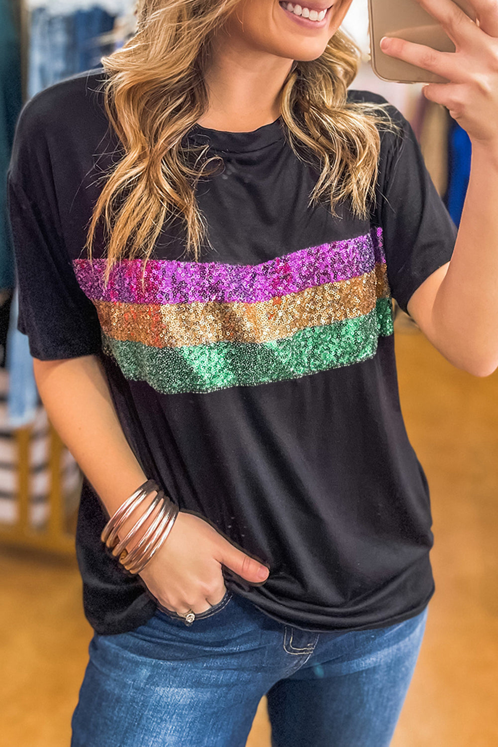 Black Sequin Stripes Patchwork Mardi Gras Crew Neck T Shirt eAura