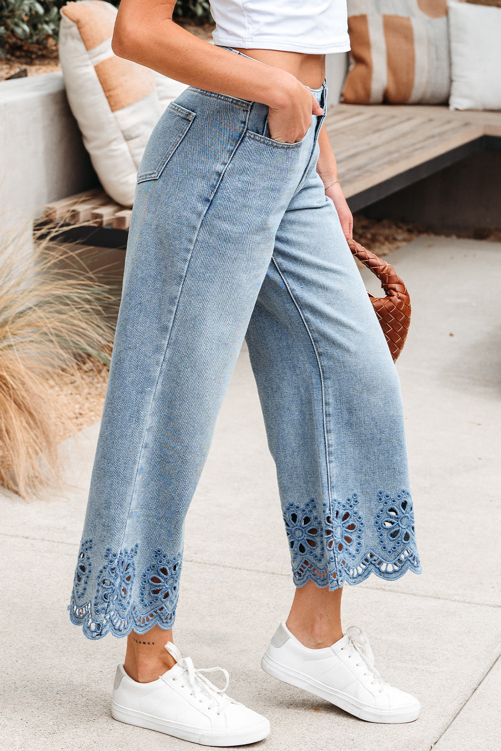 Embroidered Cropped Wide Leg High Waist Jeans - eAura
