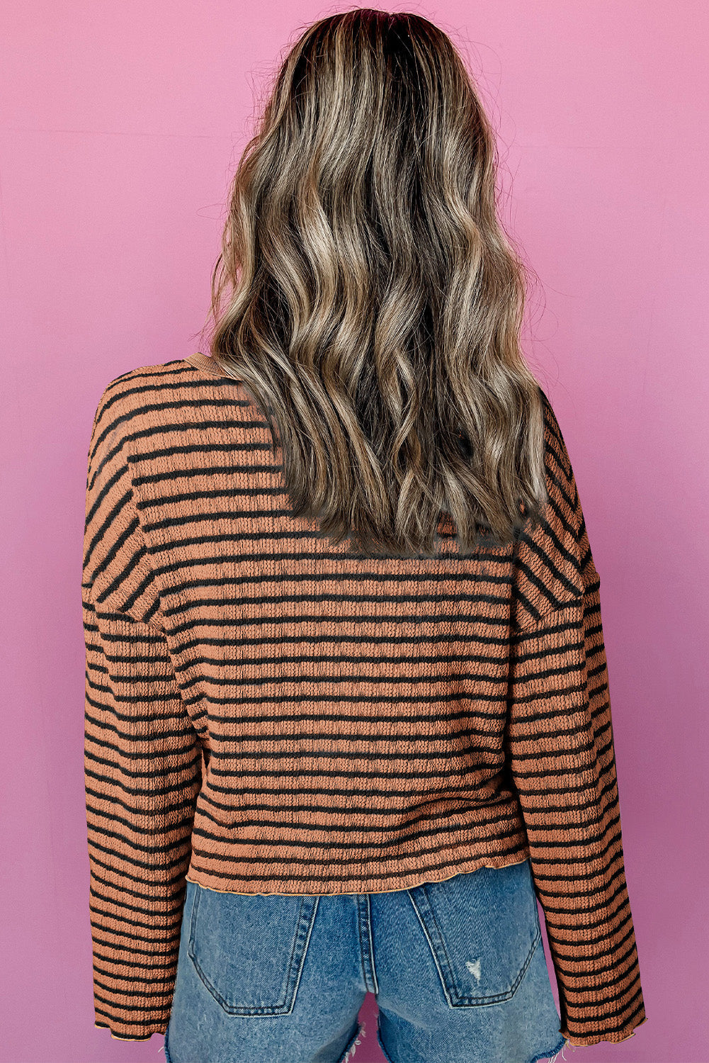 Brown Stripe Textured Frilly Trim Buttons Henley Long Sleeve Top eAura