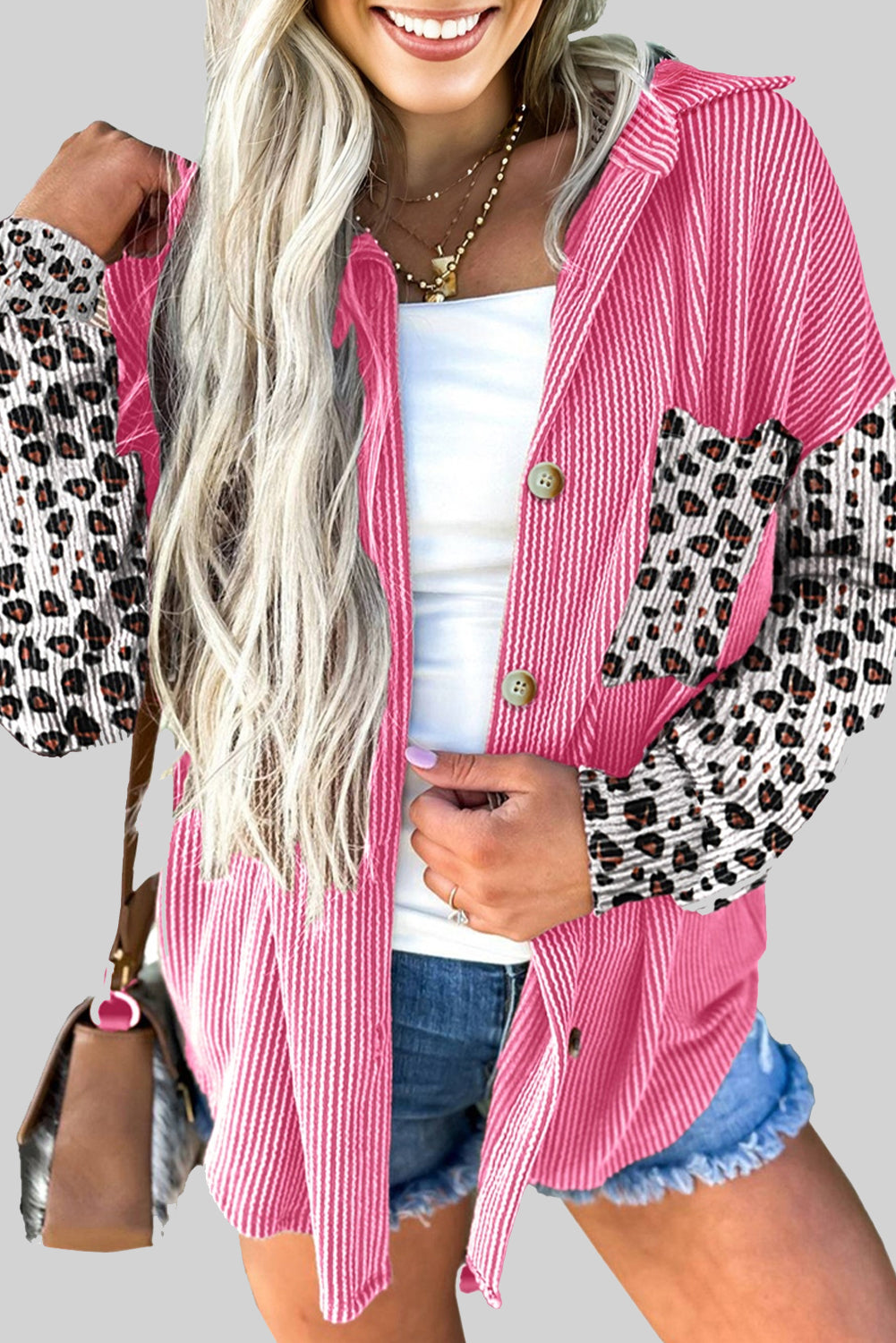Leopard Patched Twisted Ribbed Western Casual Shacket eAura