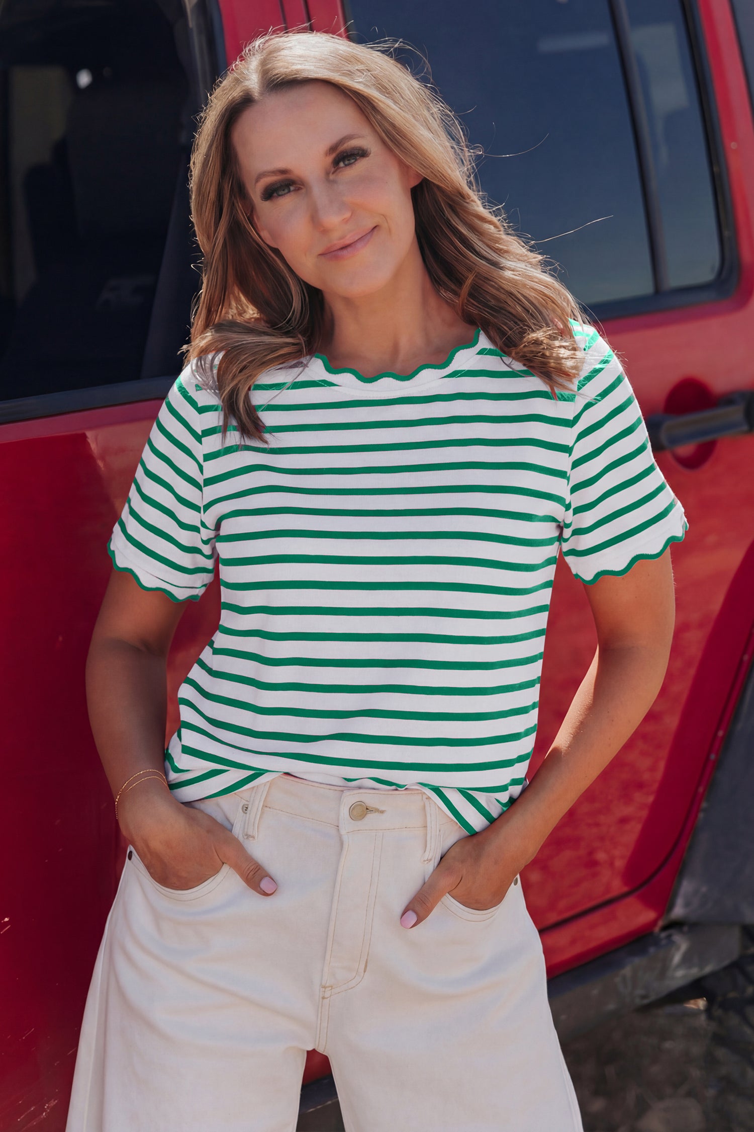 Stripe Scalloped Trim Round Neck T-Shirt