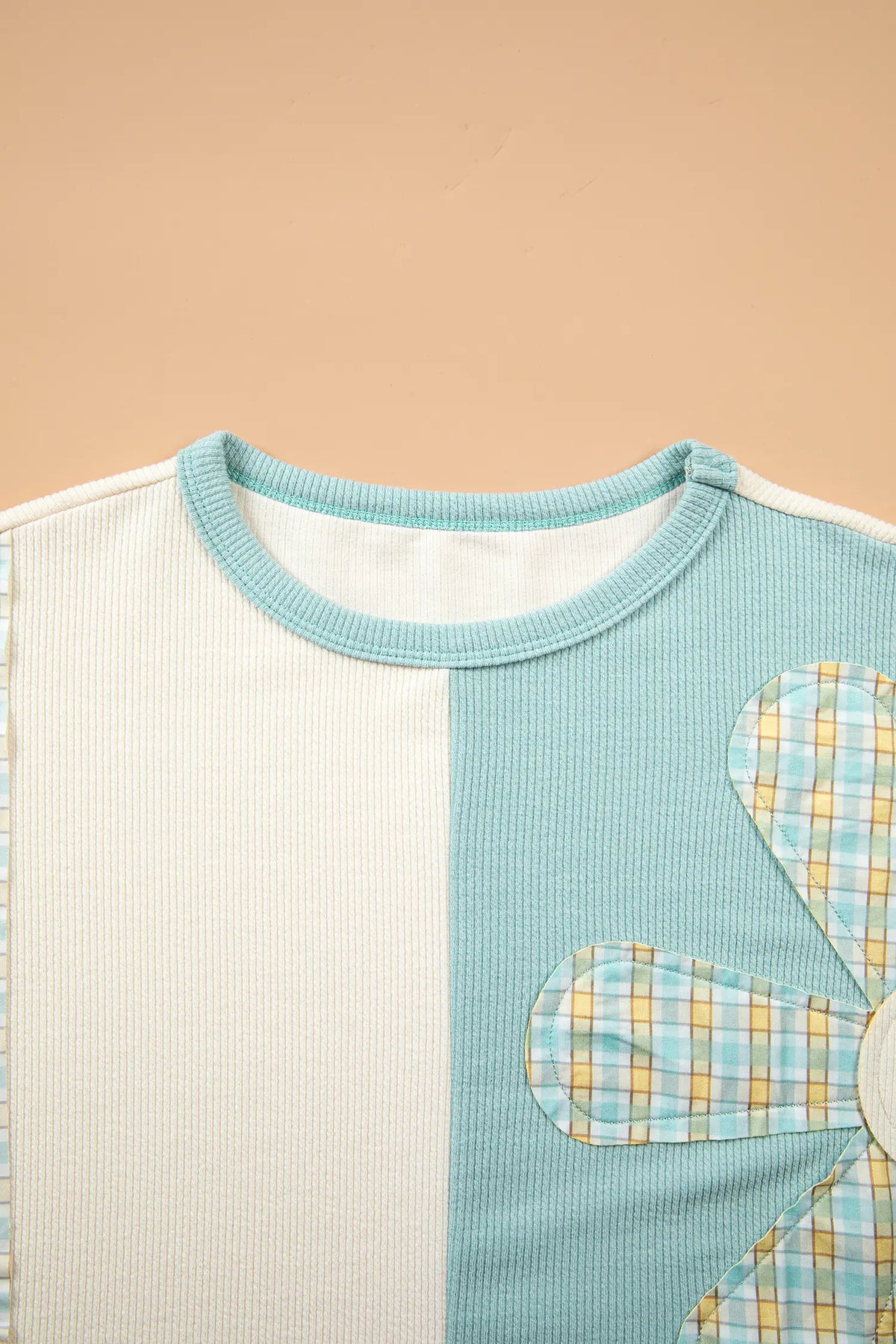 Plaid Patchwork Round Neck Long Sleeve Top – Light Blue
