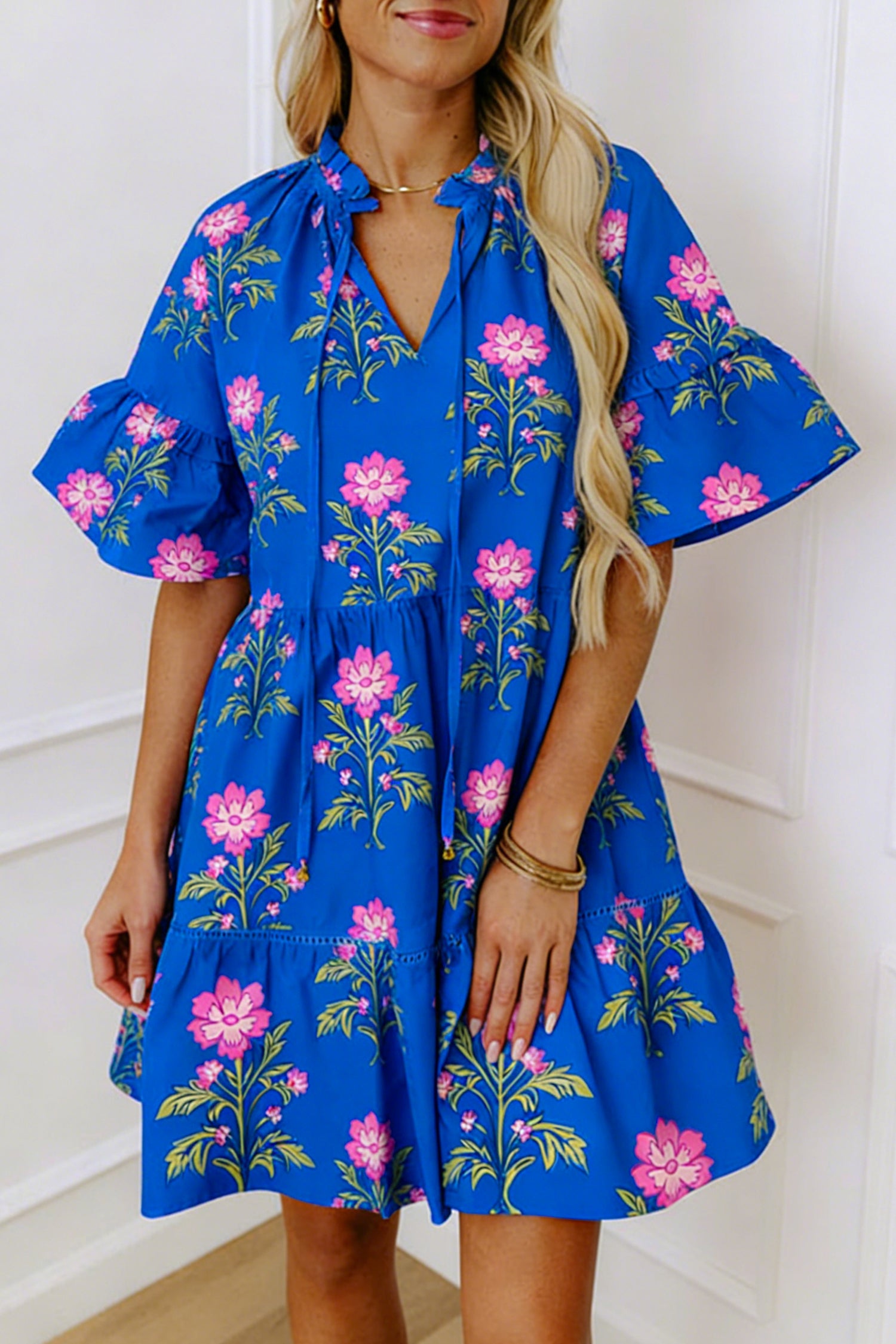 Floral Print V-Neck Ruffle Sleeve Loose Mini Dress