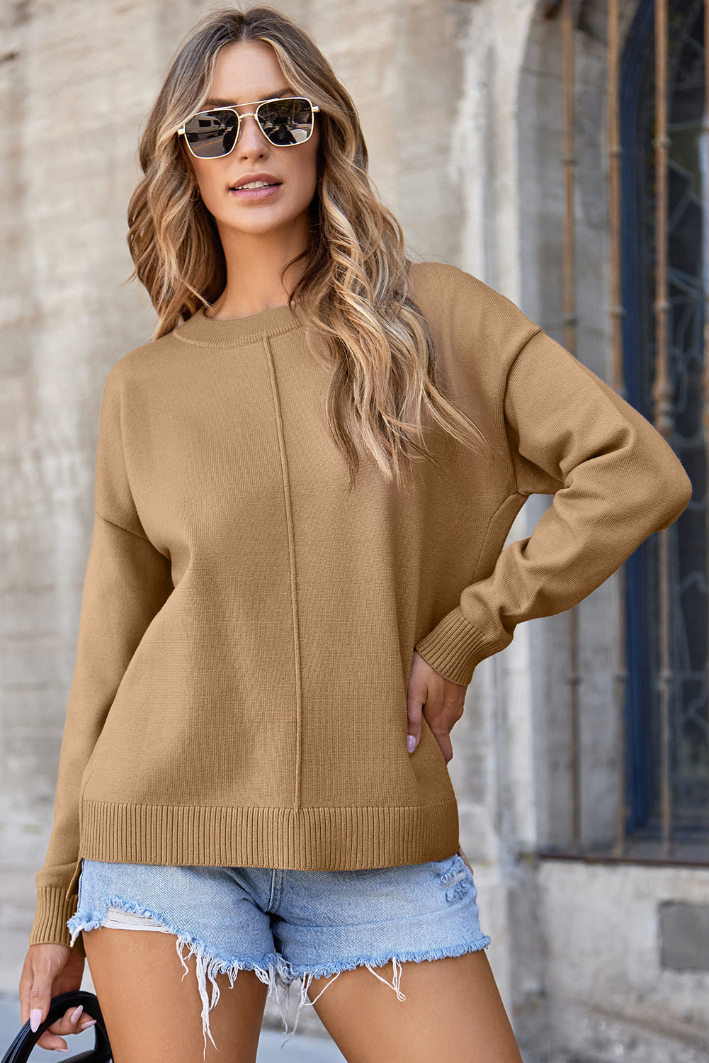 Front Center Seam Drop Shoulder Sweater - eAura