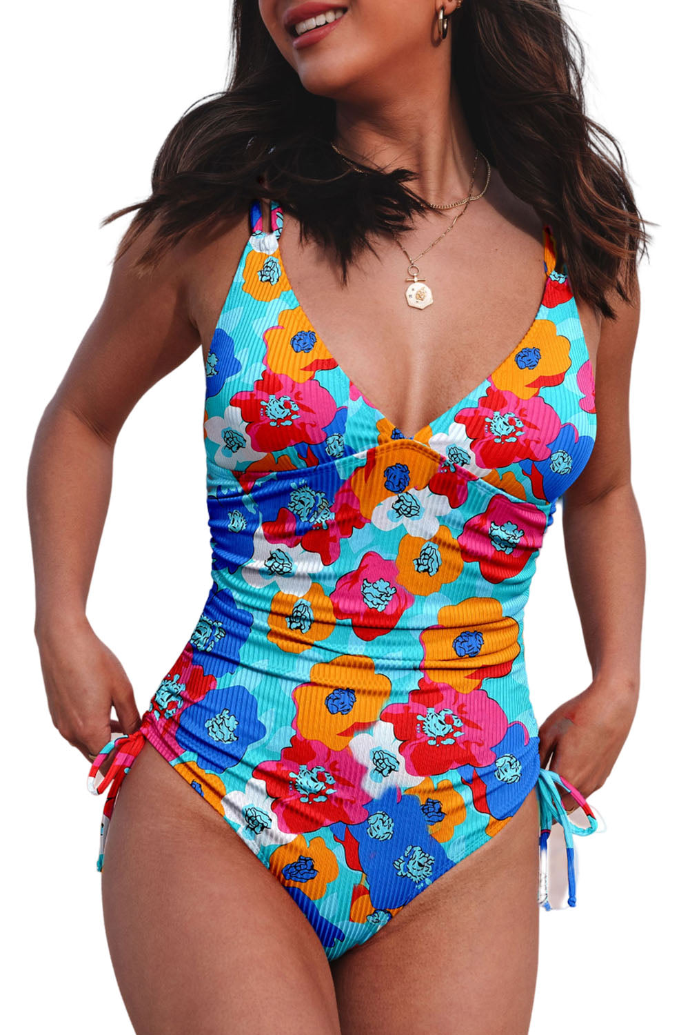 Orange Adjustable Straps Ribbed Knit One Piece Swimsuit eAura