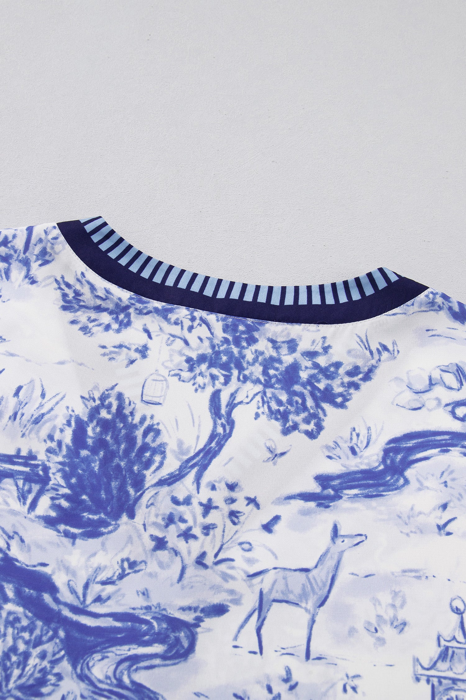 Wild Animal Paradise Striped Trim V Neck Short Sleeve Blouse – Blue