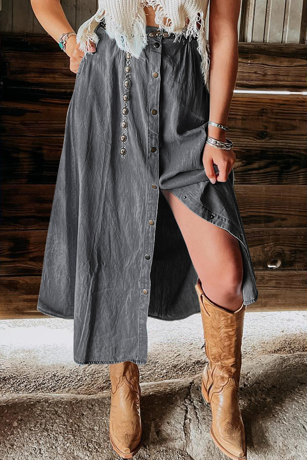Dark Grey Fully Buttoned Long Denim Skirt eAura