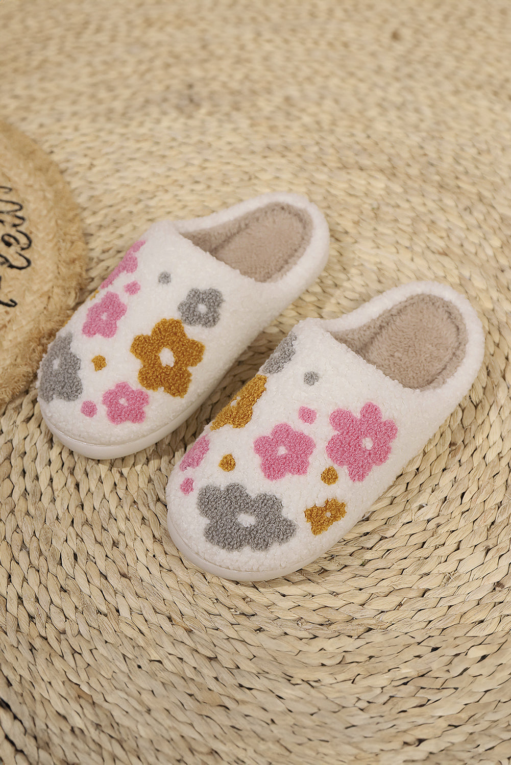 White Floral Fuzzy Slippers