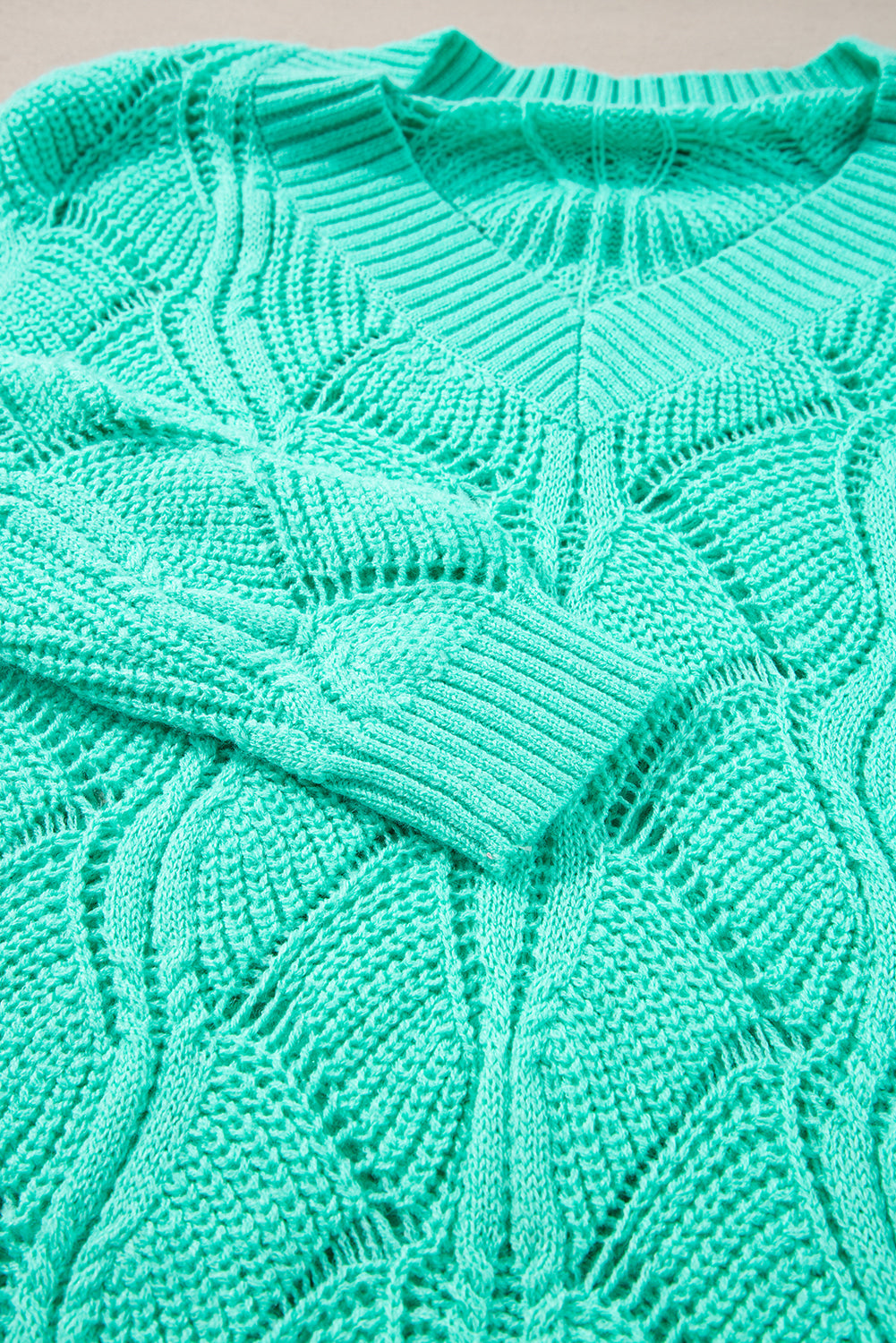 Mint Green Hollow Out Knit V Neck Drop Shoulder Sweater eAura