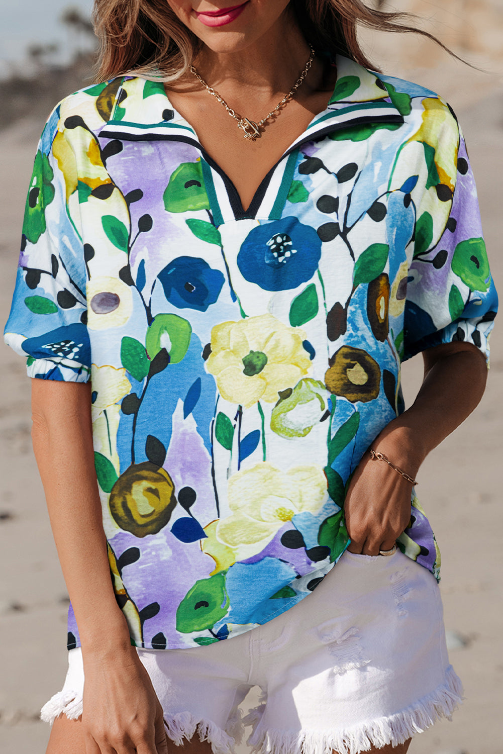 Light Blue Floral Print Slit V Neck Short Sleeve Blouse eAura