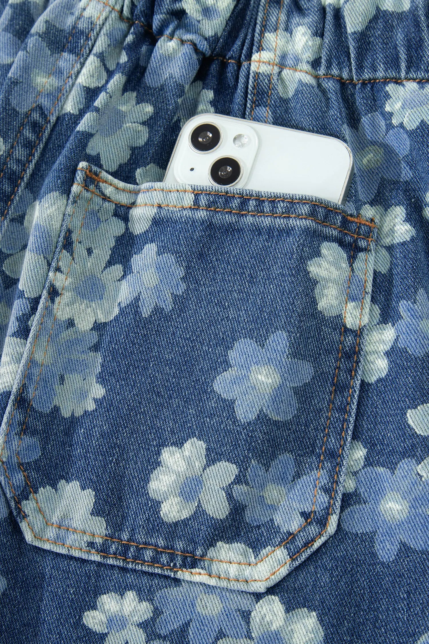 Sky Blue Dainty Floral Printed Drawstring Barrel Jeans