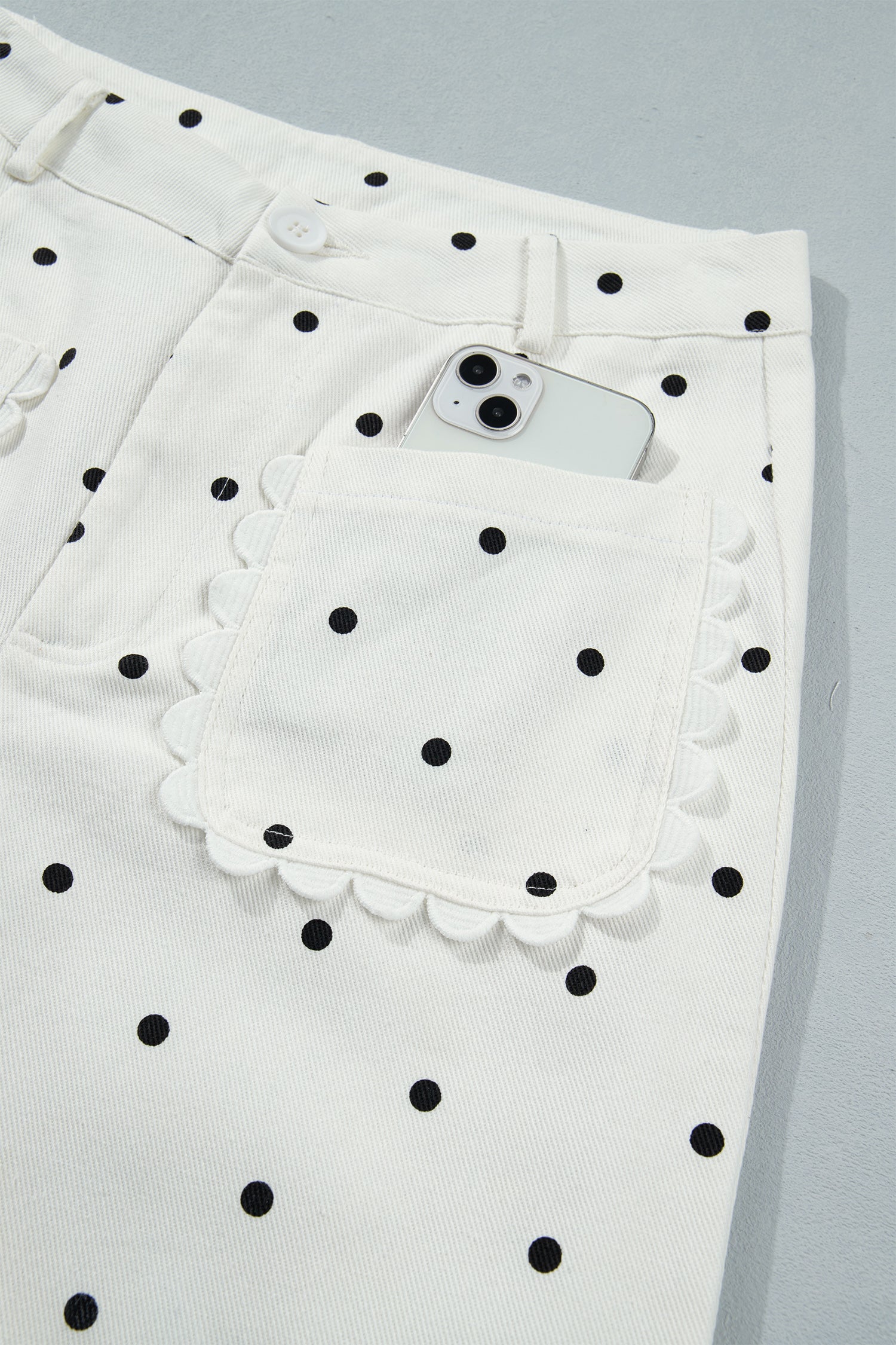 White Polka Dot Scalloped Pocket Cotton Shift Pants