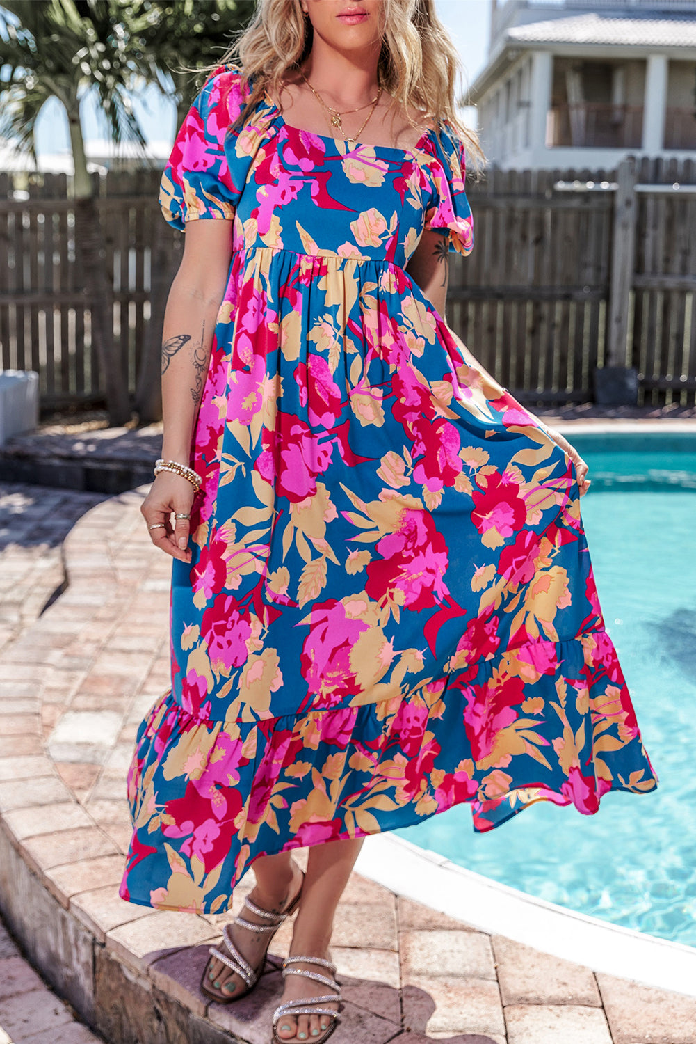 Dark Blue Square Neck Bubble Sleeve Ruffled Floral Dress eAura