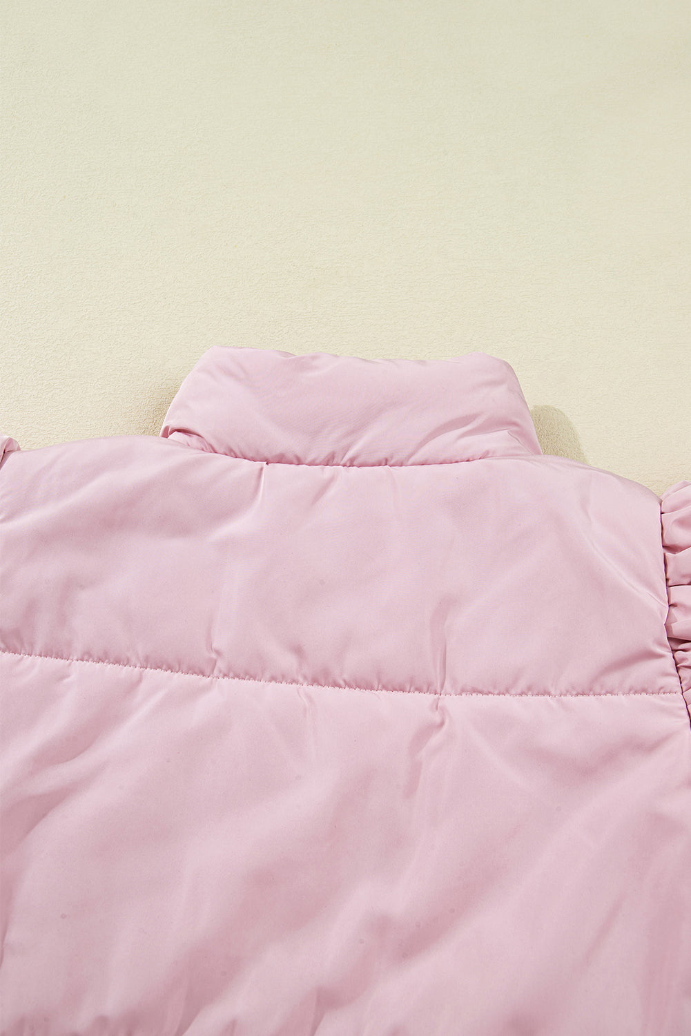 Pink Stand Neck Flutter Cap Sleeve Snap Button Puffer Vest - eAura