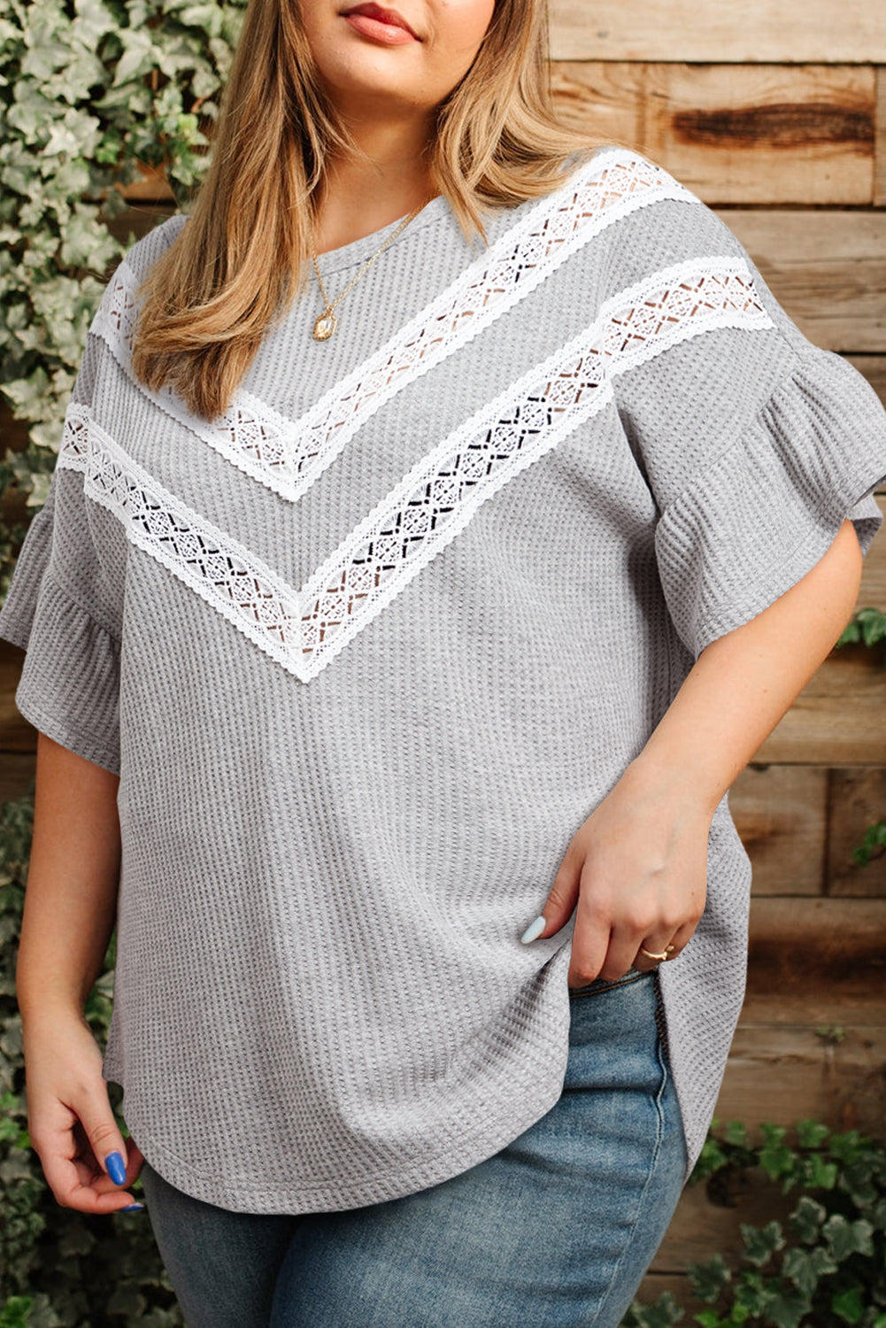 Light Grey Lace Insert Waffle Ruffle Short Sleeve Plus Size Top BB Fashion Outlet