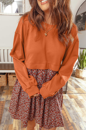 Solid Long Sleeve Top Patchwork Floral Flared 2-in-1 Mini Dress – Orange