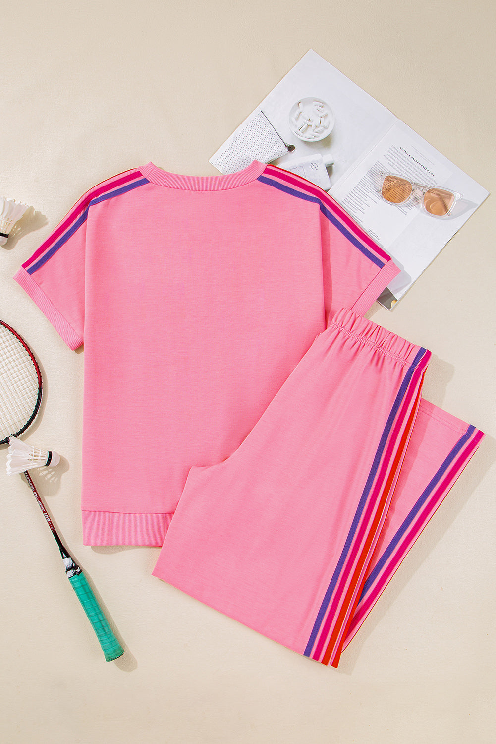 Contrast Crewneck T Shirt and Wide Leg High Waist Trousers Co-ord eAura