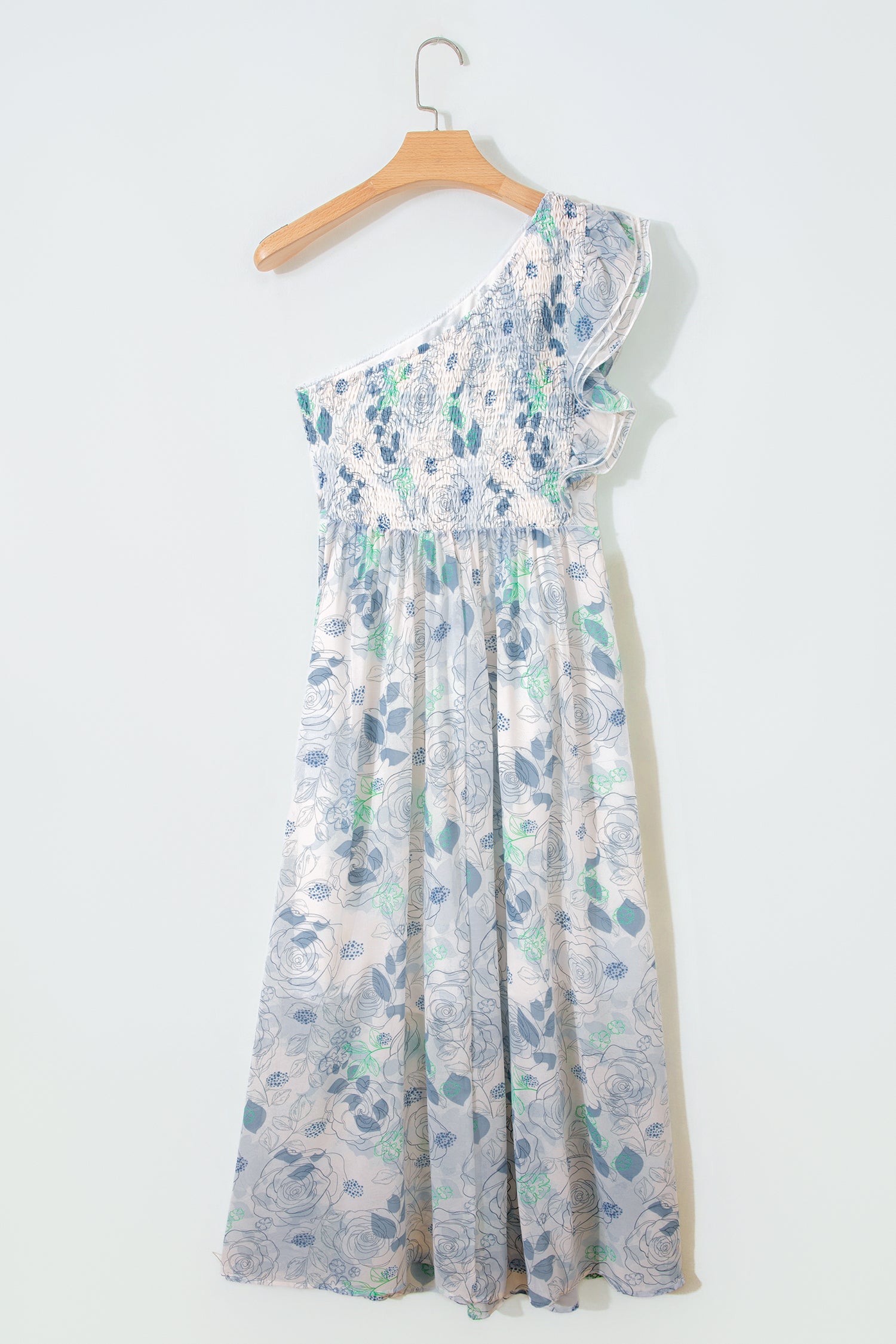 Sky Blue Floral Print Ruffled One Shoulder Maxi Dress