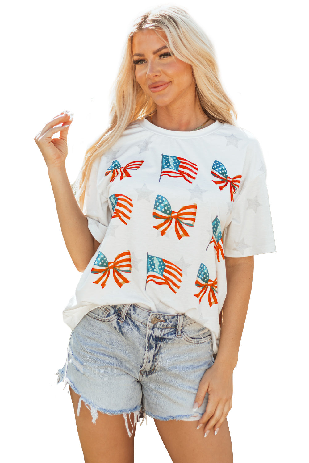 Khaki Patriotic Flag Bow Graphic Starry Round Neck T Shirt - eAura