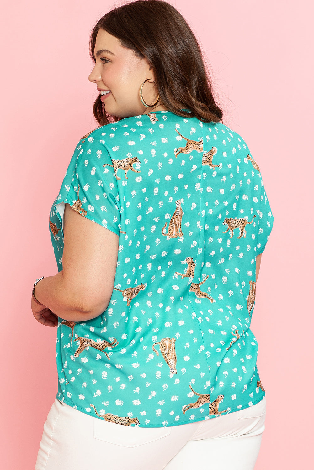 Green Cheetah Print V Neck Short Sleeve Plus Top BB Fashion Outlet