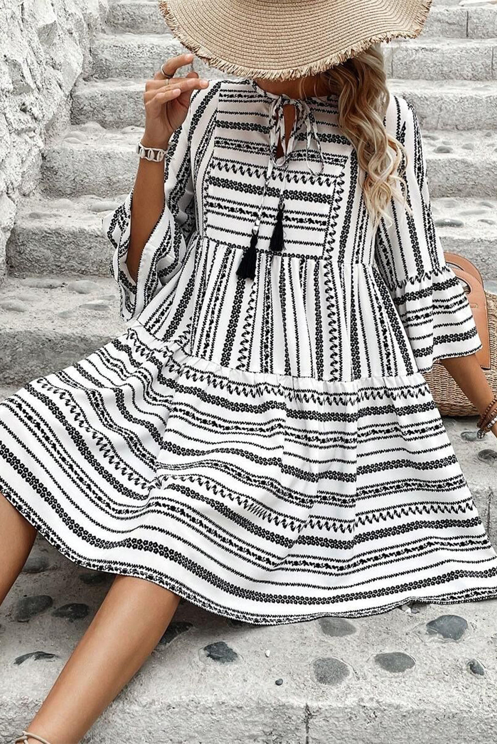 Black Stripe V Neck Bell Sleeve High Waist Mini Dress eAura