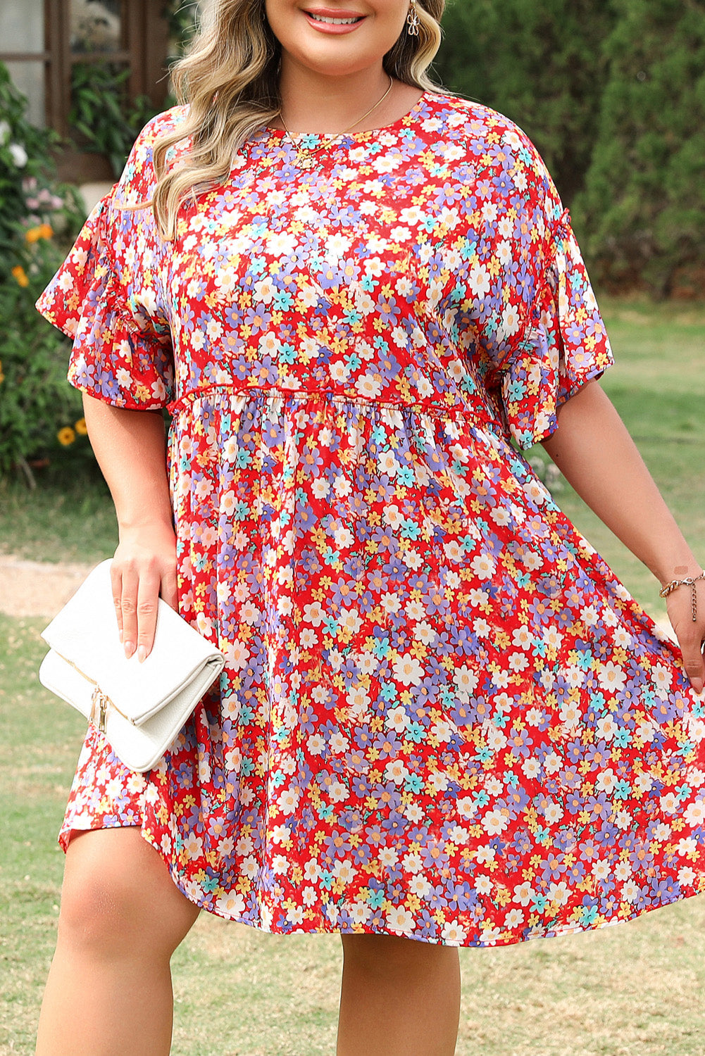 Red Dainty Flower Printed Plus Size Short Sleeve Shift Dress BB Fashion Outlet