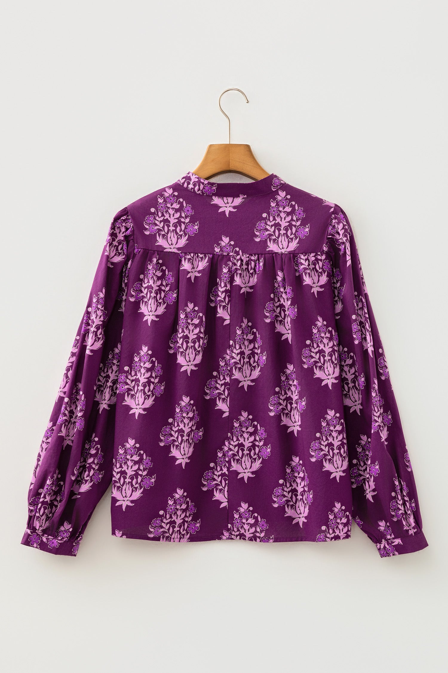 Floral Print Button Front Long Puff Sleeve Shirt – Purple