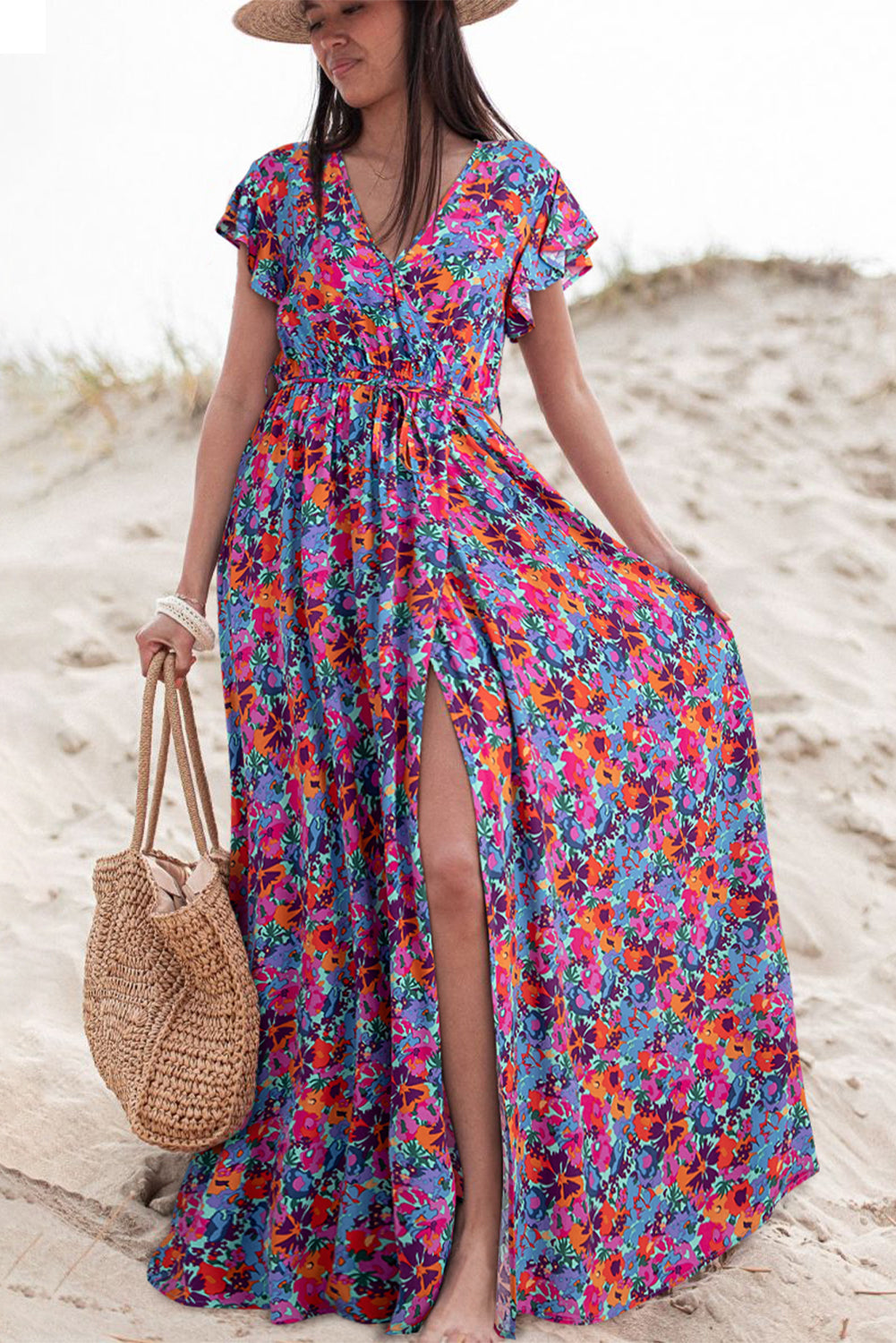 Blue Floral Print V Neck Wrap Split Maxi Dress eAura