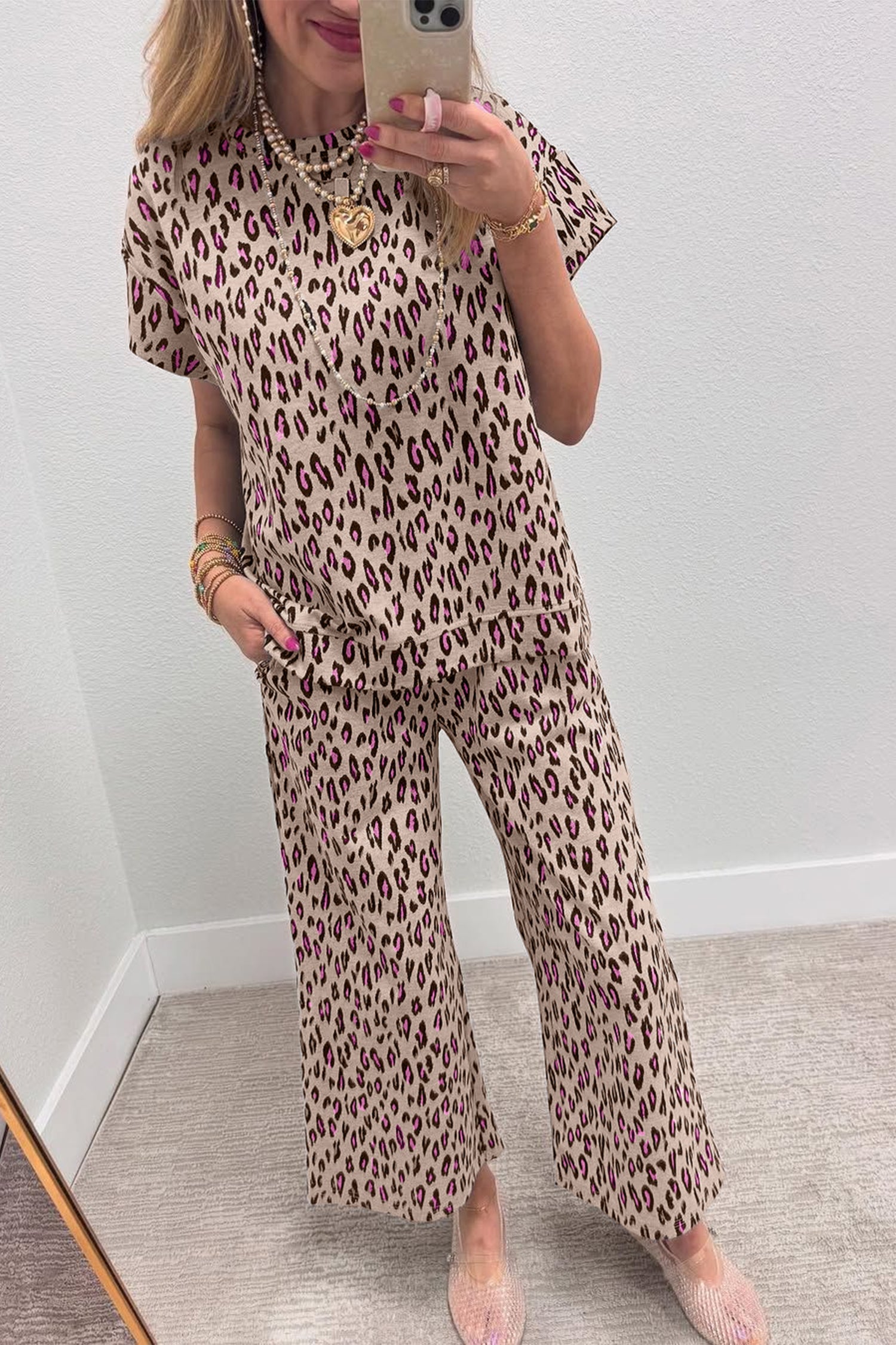 Leopard Print Casual Tee and Pants Co-ord Set