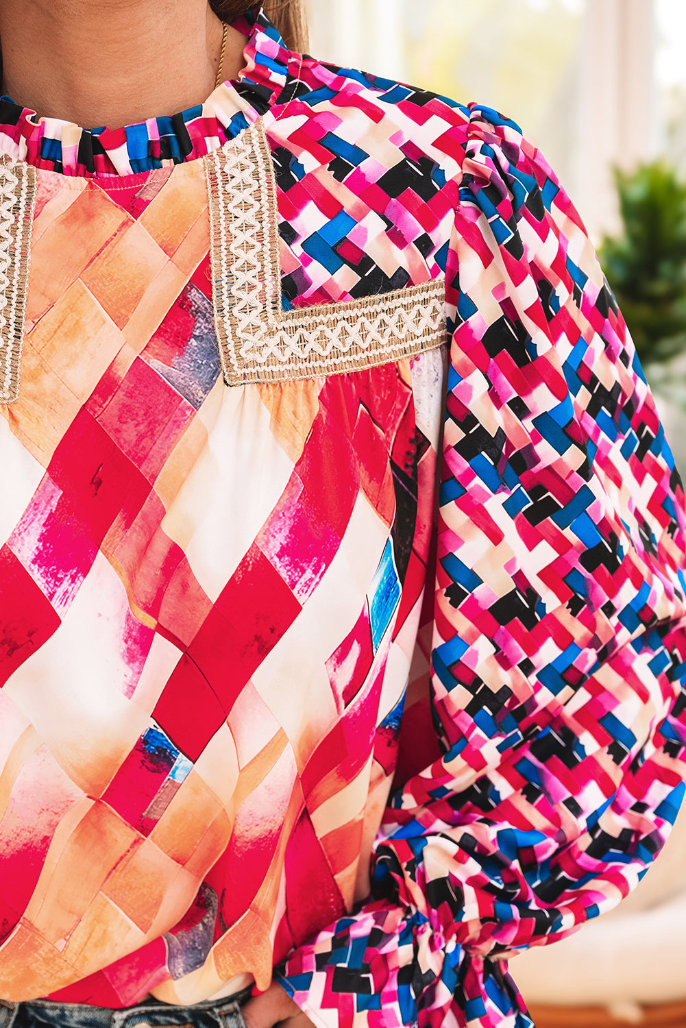 Rose Red Abstract Geometric Pattern Patchwork Puff Sleeve Blouse eAura
