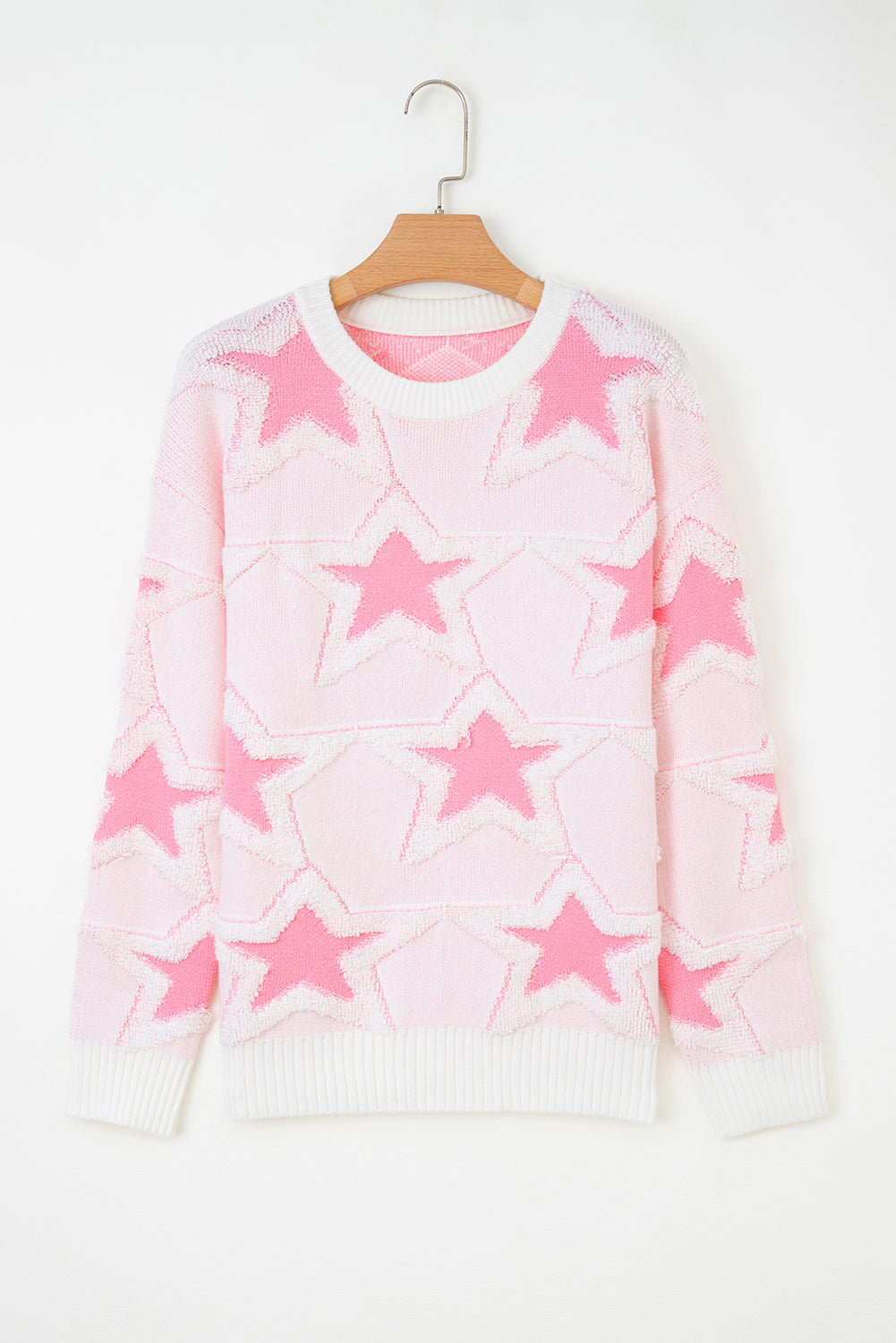 Pink Oversized Cute Star Pattern Ribbed Edge Drop Shoulder Sweater eAura