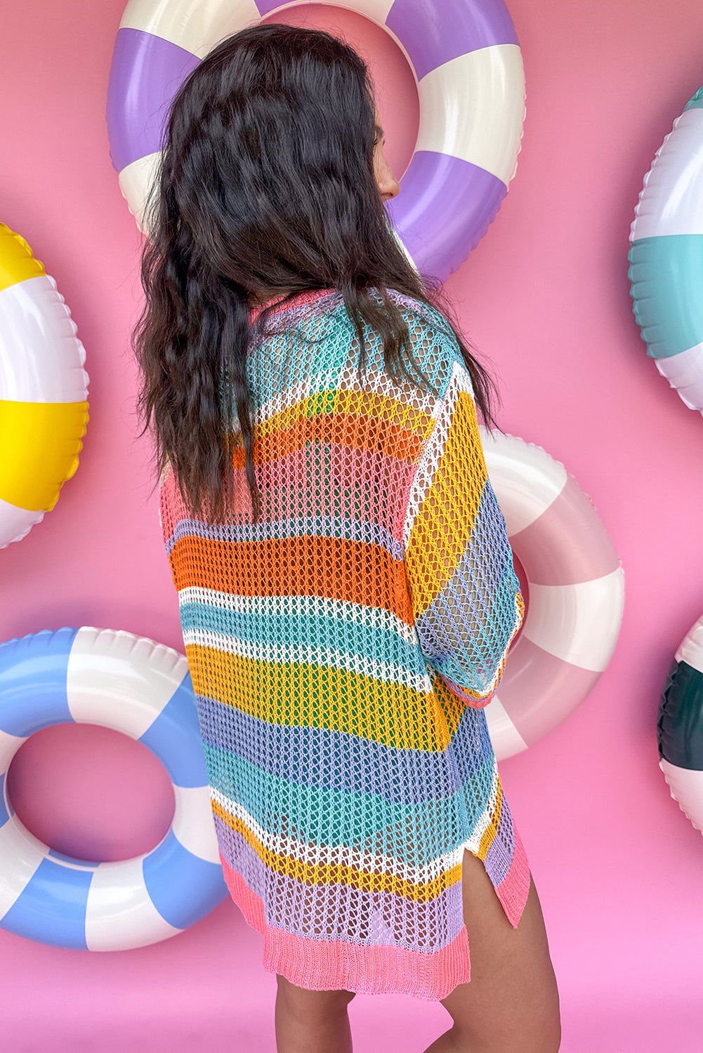Pink Stripe Colourblock Hollowed Crochet 3/4 Sleeve Sweater eAura
