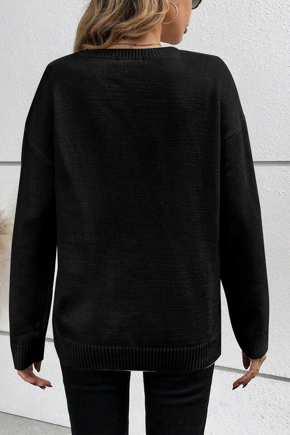 Black Boo Knitted Pattern Ribbed Edge Drop Shoulder Sweater eAura