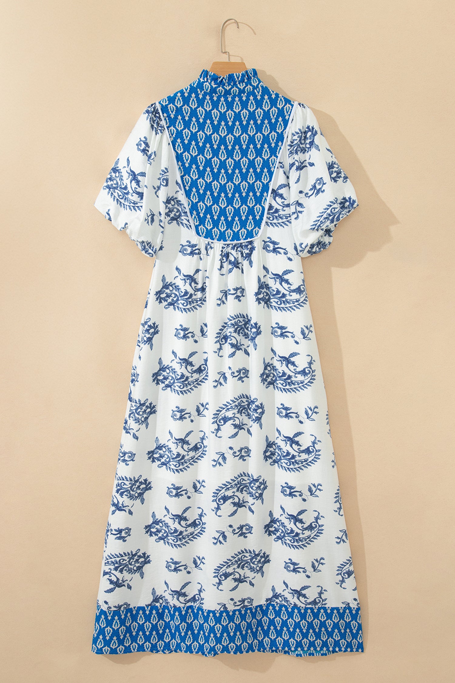 Sky Blue Boho Abstract Print Tassel Tie Maxi Dress