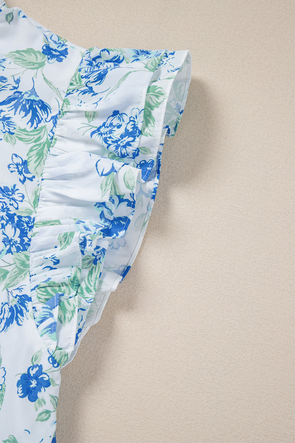 Sky Blue Floral Print Ruffle Sleeve Frilly Button Up Shirt eAura