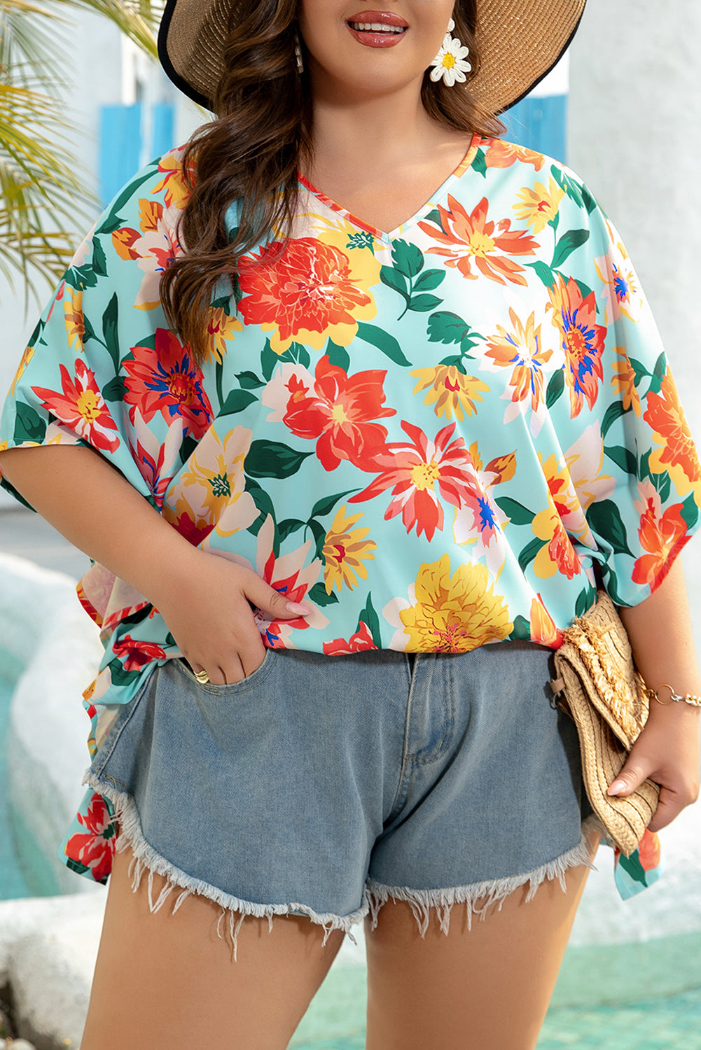 Sky Blue Plus Size Floral Print V Neck Batwing Sleeve Blouse BB Fashion Outlet