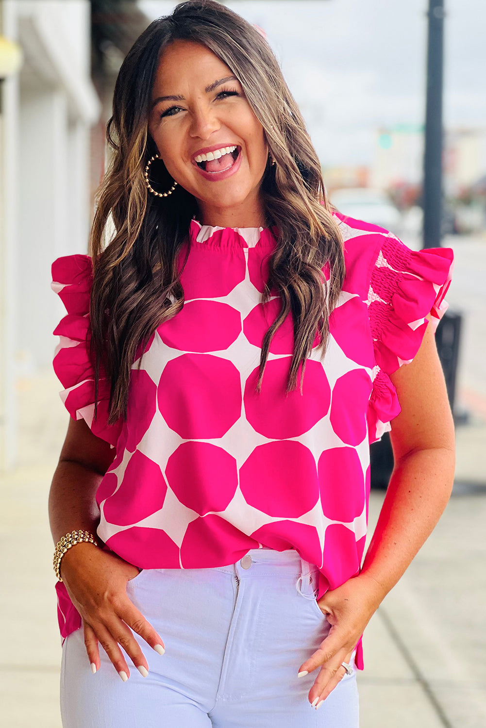 Rose Bubblegum Pattern Frilled Collar Flutter Sleeve Top eAura