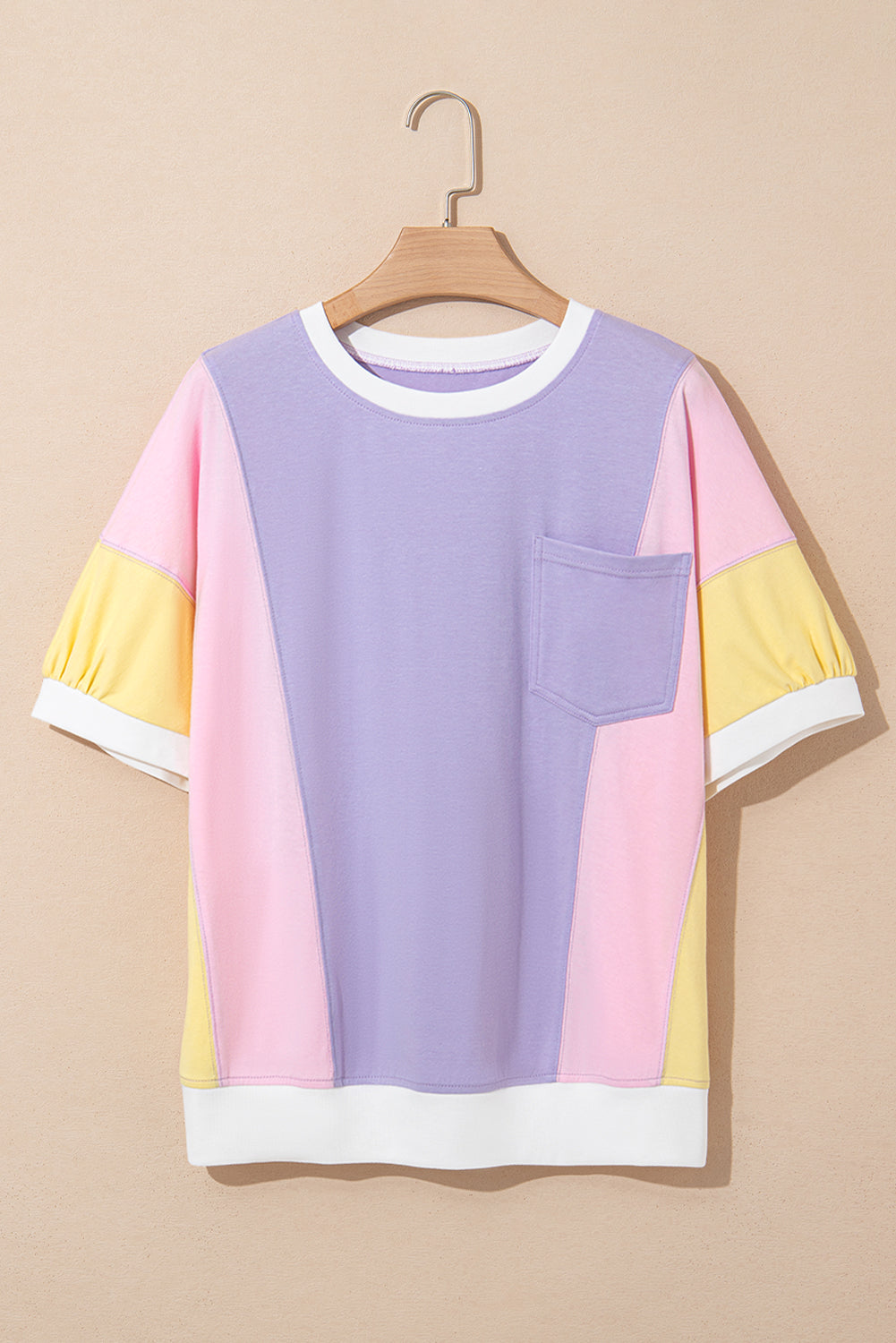 Purple Colour Block Patchwork Half Sleeve Oversized T Shirt eAura