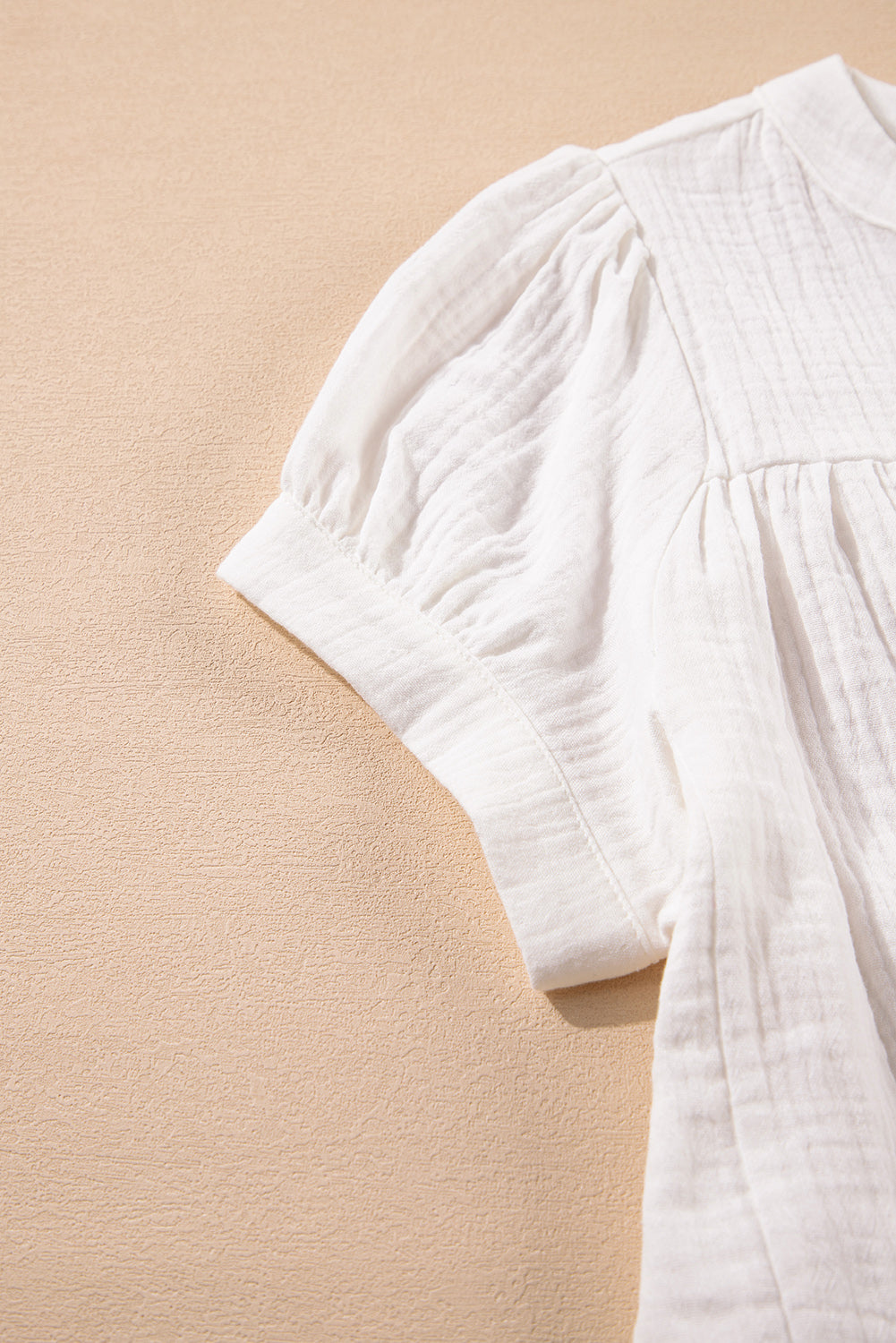 White Textured Short Sleeve Buttons Frayed Blouse eAura