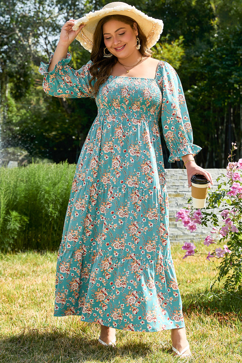 Green Plus Size Floral Print Square Neck Smocked Maxi Dress BB Fashion Outlet