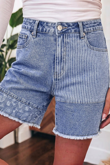 Striped Paisley Mixed Patchwork Raw Hem Denim Shorts – Sky Blue