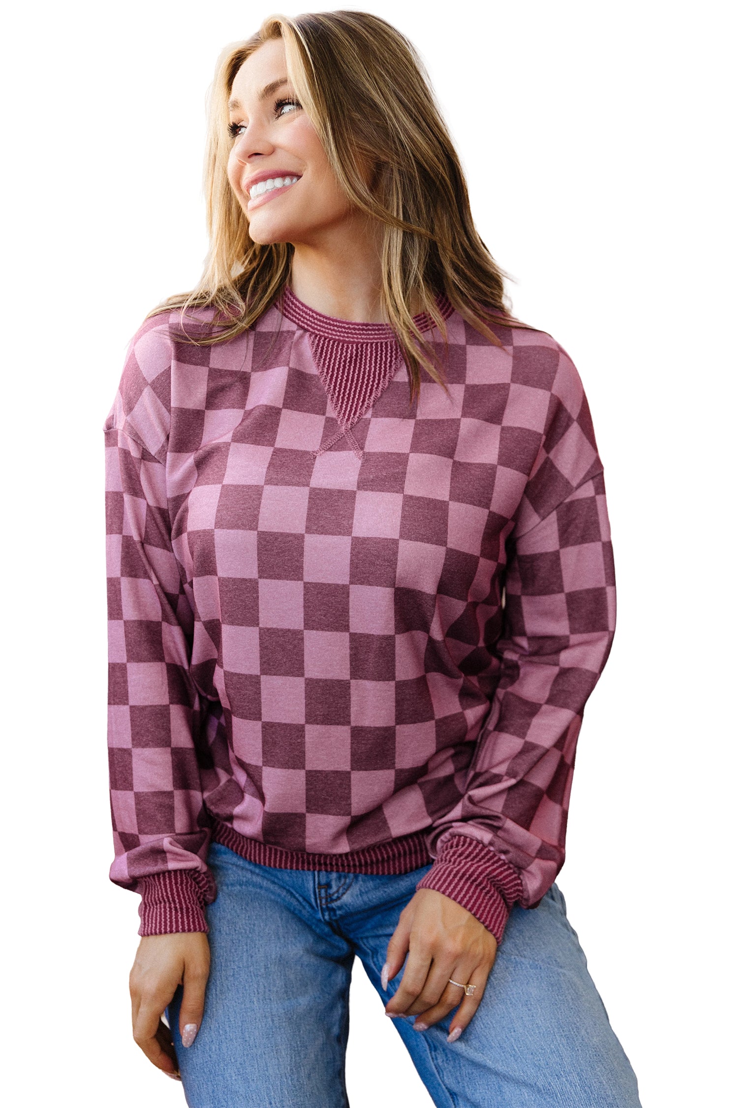 Ribbed Trim Checkered Print Long Sleeve Pullover Top – Red