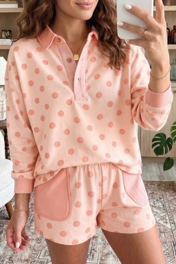 Polka Dot Drop Shoulder Polo Loose Pullover Patch Pocket Casual Shorts Set – Pink