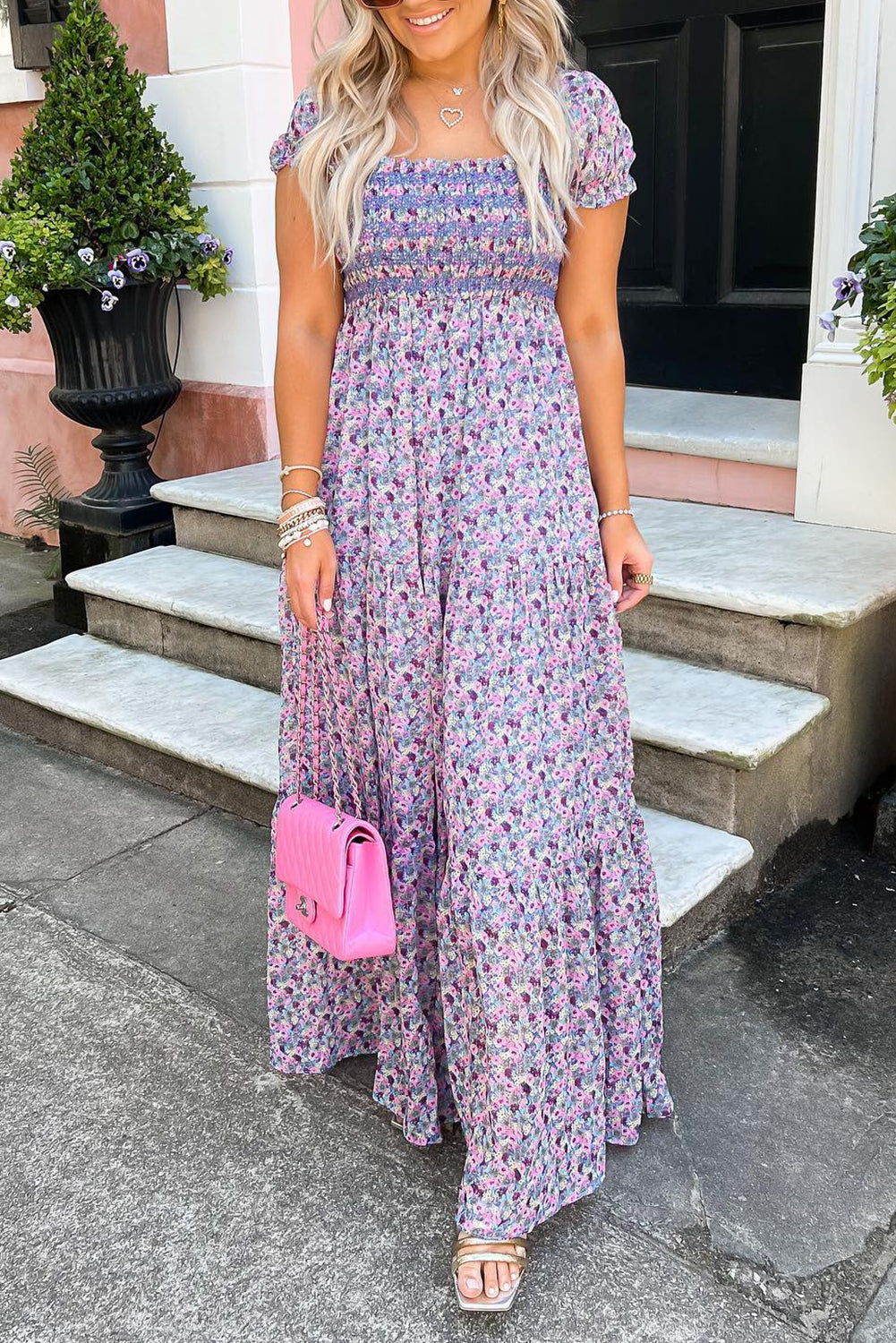 Purple Floral Short Bubble Sleeve Shirred High Waist Maxi Dress eAura