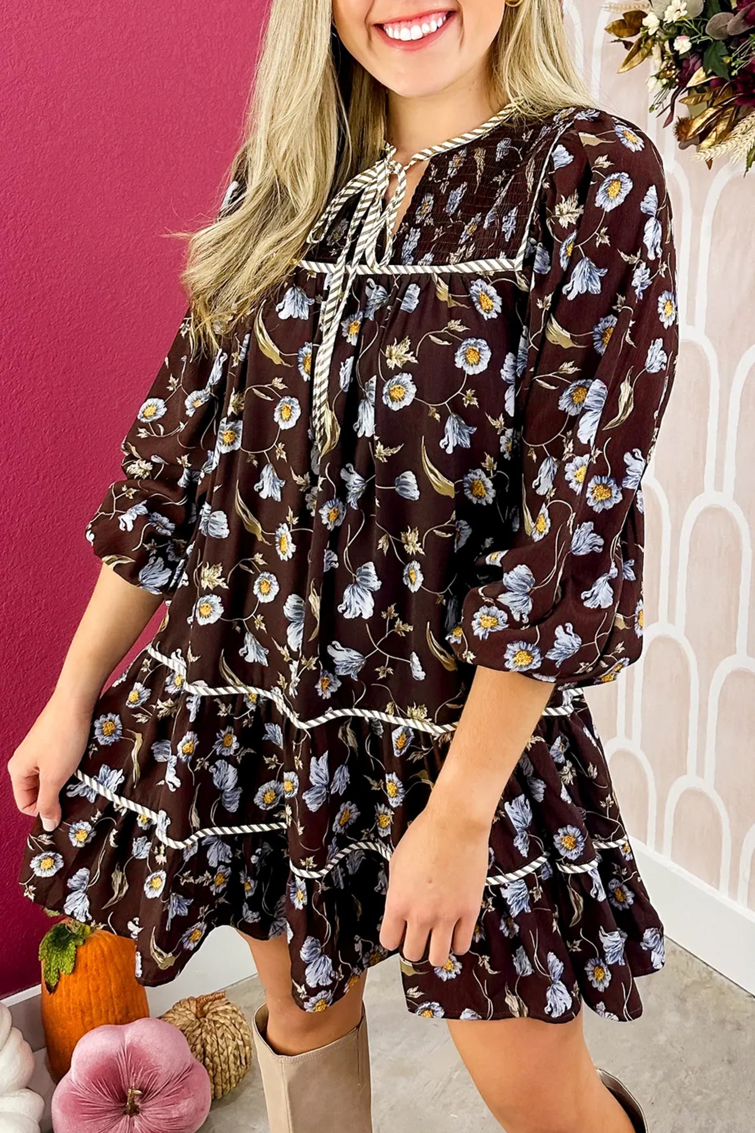 Floral Print Shirred V Neck Shift Dress – Brown
