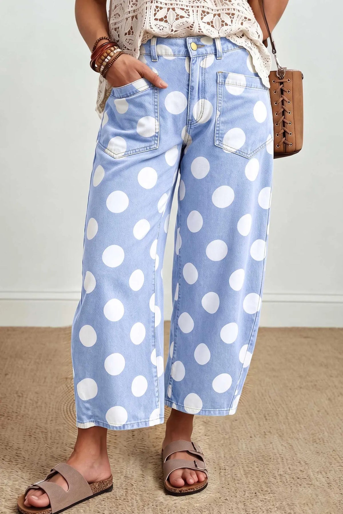 Brown Polka Dot Ankle-Length Barrel Jeans