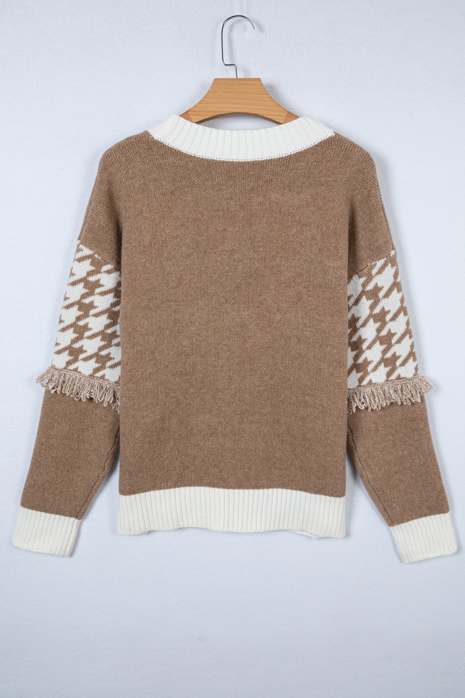 Houndstooth Cardigan Colour Block V-Neck Raw Edge Button Front